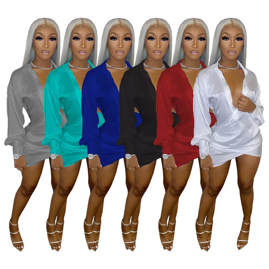 Solid Women Long Sleeve Deep V-neck Midi Mini Dress Sexy Blouses Style
