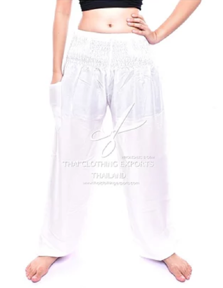 Bohotusk White Plain Elasticated Smocked Waist Womens Harem Pants S/M