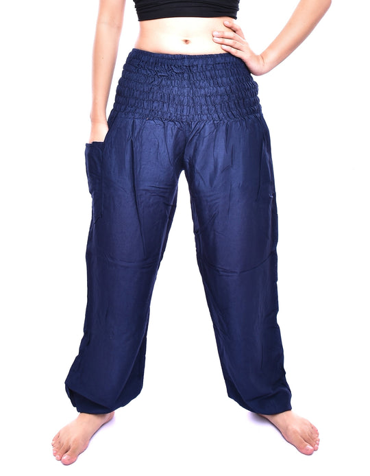 Bohotusk Navy Blue Plain Elasticated Smocked Waist Womens Harem Pants