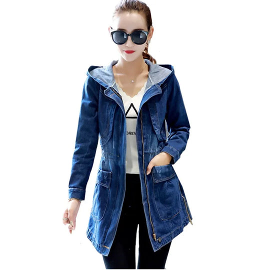 Hooded Denim Women Jackets Spring Autumn Loose Vintage Long-sleeved Jeans Jacket Casual Student Slim Denim Coat Plus size 5XL