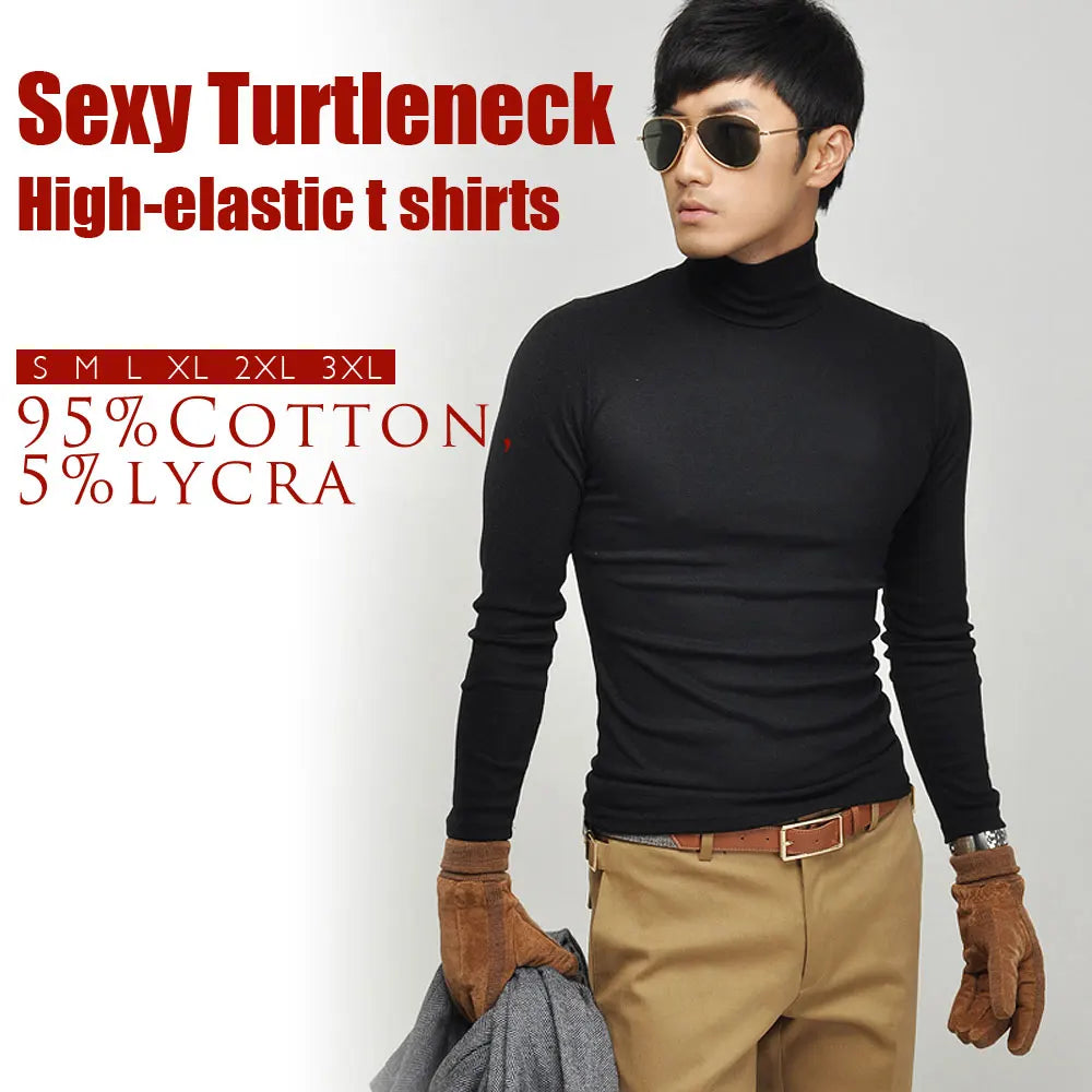 Autumn Winter Black White Men's Long-sleeve T-shirt Turtleneck