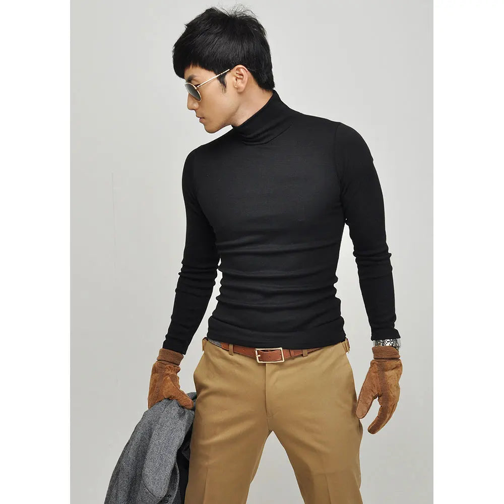 Autumn Winter Black White Men's Long-sleeve T-shirt Turtleneck