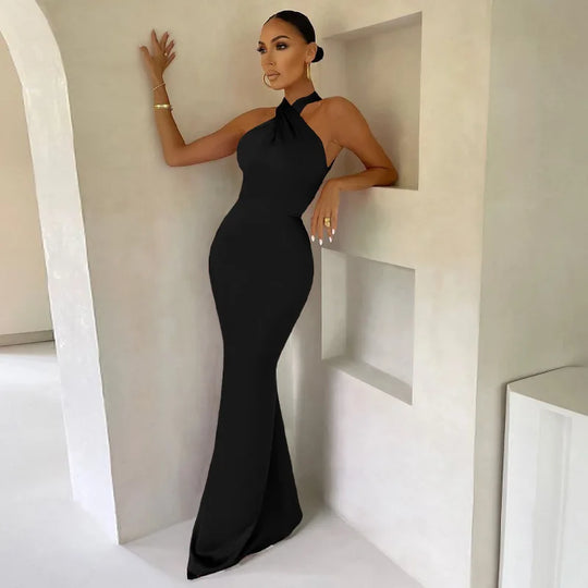wsevypo Elegant Formal Vestidos Women Cross Halter Long Fishtail Dress