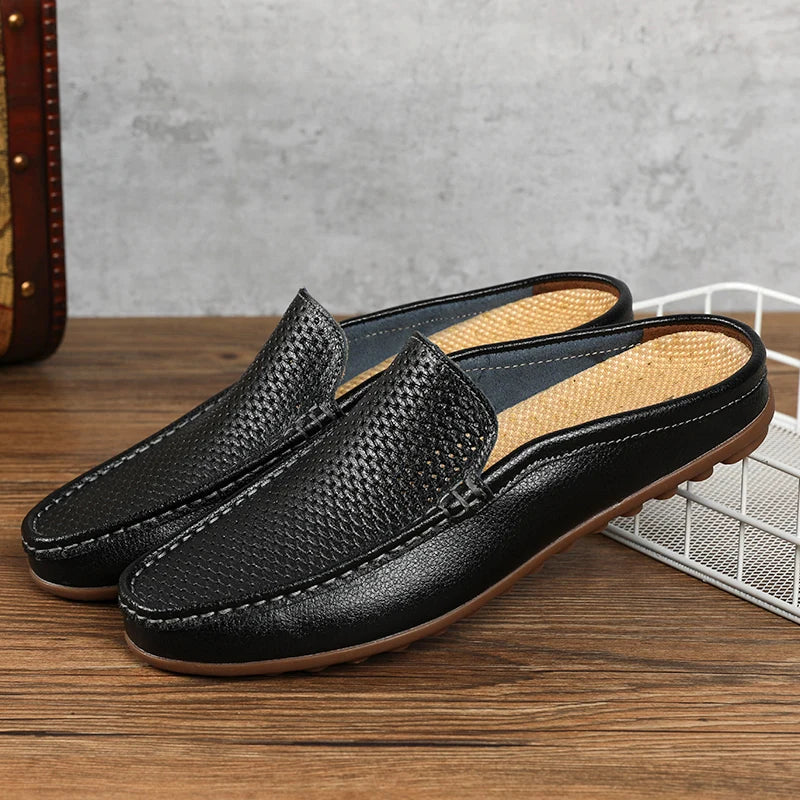 Italian Shoes Men Luxury Genuine Leather Loafers Moccasins Black Soft Outdoor Driving Flat Non-slip Fashion Slippers Summer