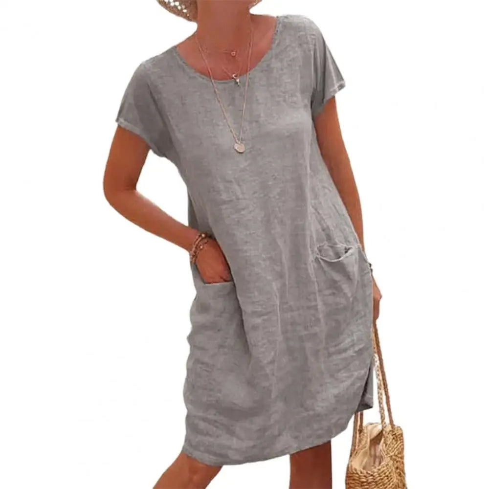 Loose Women Dress Vintage Solid Color Summer Dress Short Sleeve Round