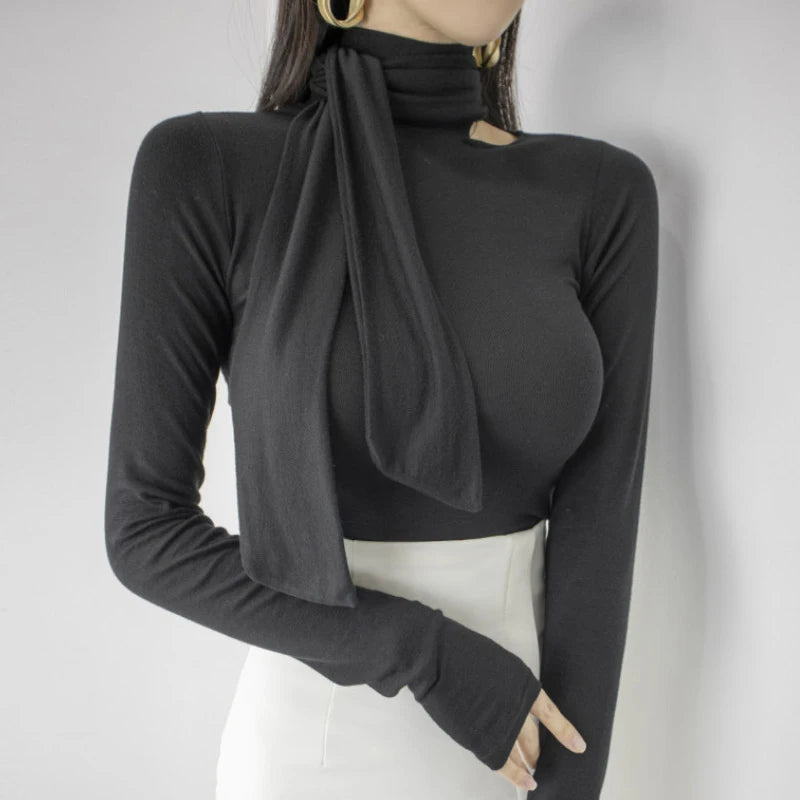 Solid Basic Long Sleeve Womens Tshirt Casual Black White Slim Fashion