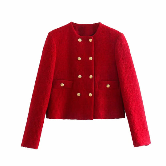 xikom 2021 Tweed Two pieces set Women red Vintage O Neck Long Sleeve