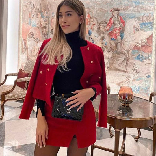 xikom 2021 Tweed Two pieces set Women red Vintage O Neck Long Sleeve