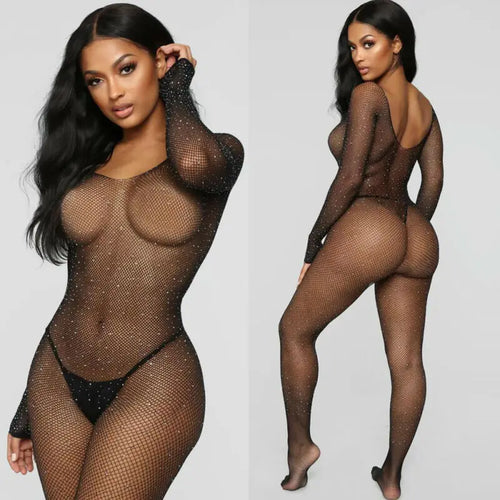 Plus Size Erotic Sexy Lingerie Bling Rhinestone Fishnet Bodysuit