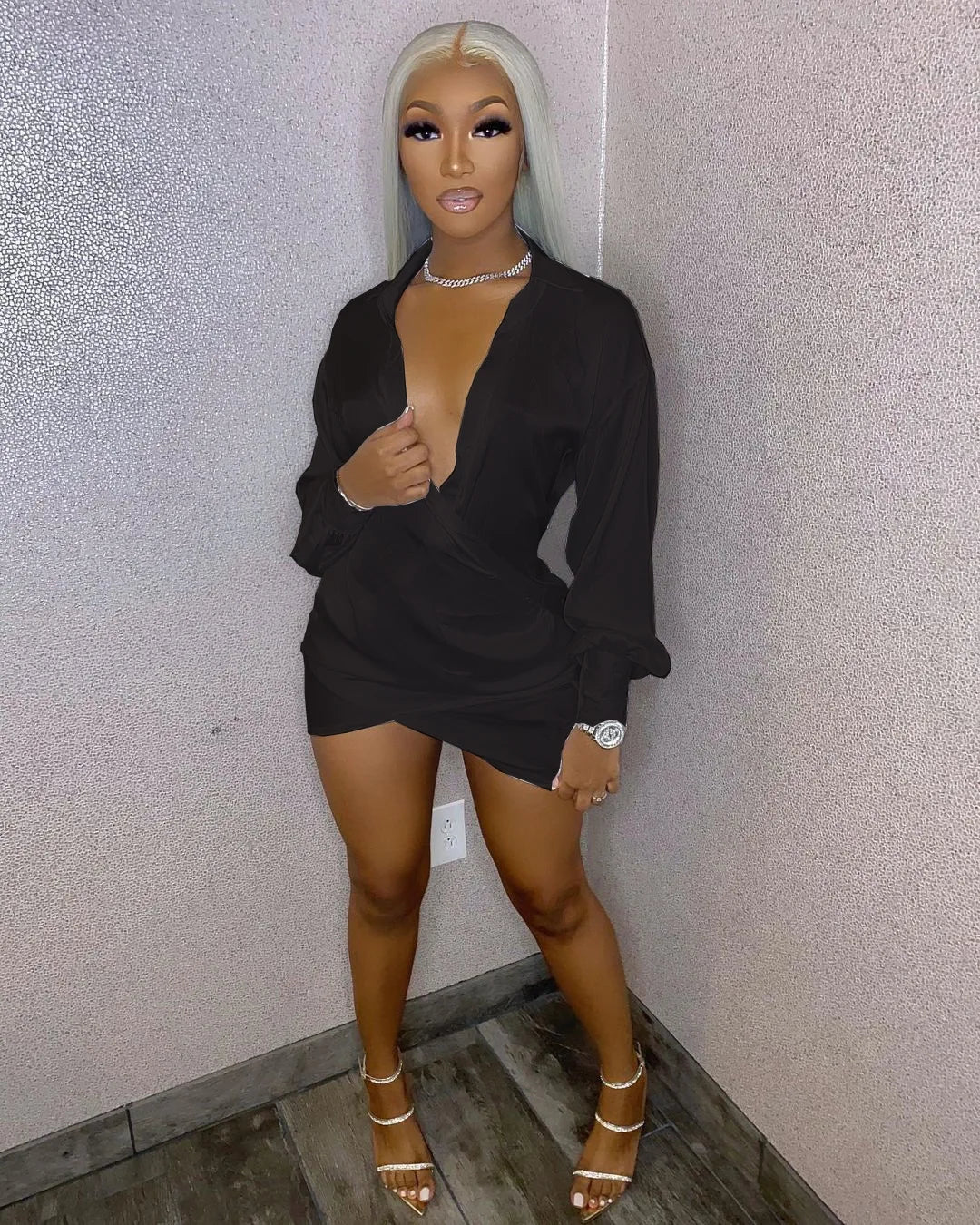 Solid Women Long Sleeve Deep V-neck Midi Mini Dress Sexy Blouses Style