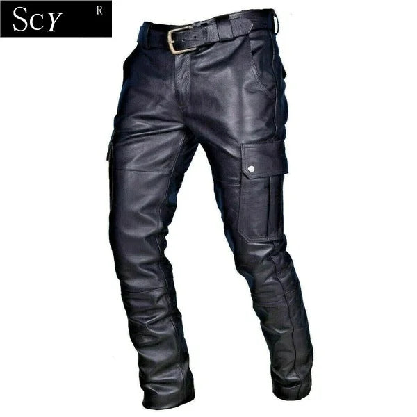 Men's Leather Motorcycle Pants with Cargo Pockets, Black, Leather