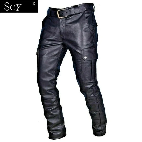 Men's Leather Motorcycle Pants with Cargo Pockets, Black, Leather