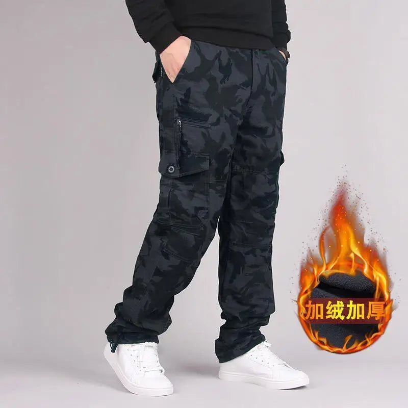 Men's Winter Fleece Pants Work Overalls Thermal Warm Black Camouflage