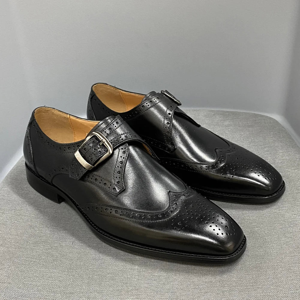 Men's Luxury Genuine Leather Wingtip Oxfords Italian Monk Strap Buckle Brogue Dress Shoes for Business Wedding Formal Wear