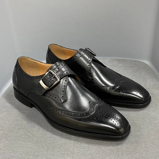 Men's Luxury Genuine Leather Wingtip Oxfords Italian Monk Strap Buckle Brogue Dress Shoes for Business Wedding Formal Wear