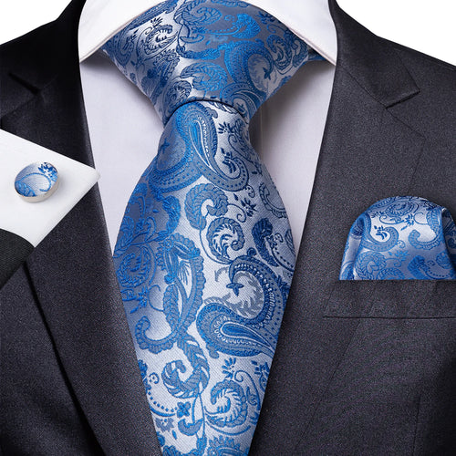 DeBanker Men Necktie Teal Blue Paisley Designer Silk Wedding Tie For