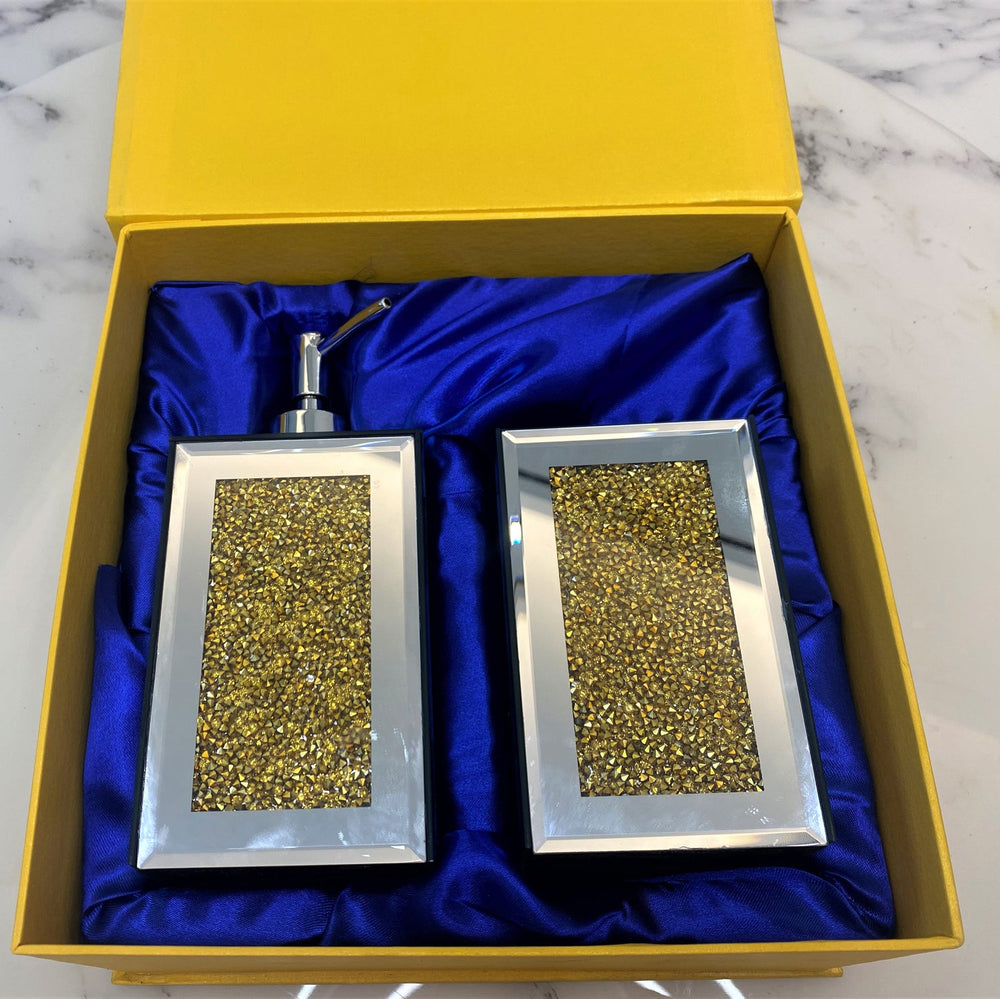 Square Soap Dispenser and Toothbrush Holder with Tray, Gold Crushed