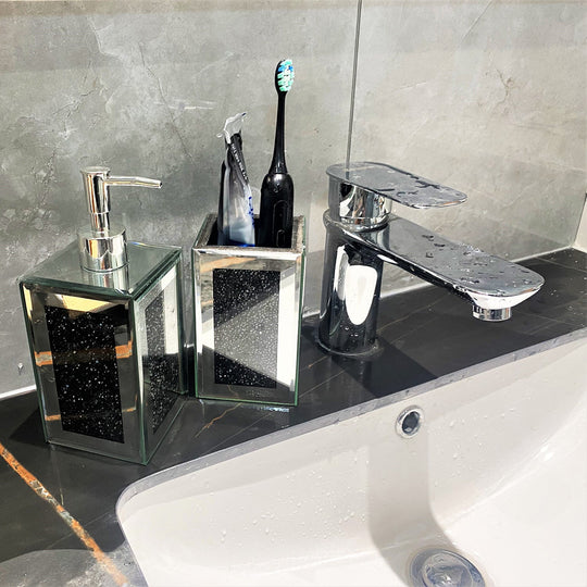 Square Soap Dispenser and Toothbrush Holder in Gift Box, Black Crushed