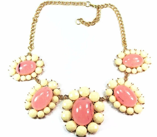 Pink Pastel Spring Flower Necklace with Gold Tone Accents