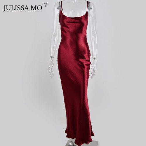 Julissa Mo Sexy Spaghetti Strap Backless Summer Dress Women Satin Lace