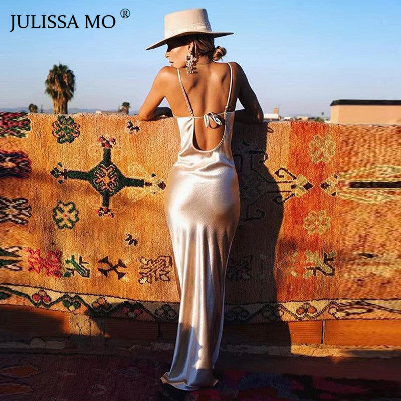 Julissa Mo Sexy Spaghetti Strap Backless Summer Dress Women Satin Lace