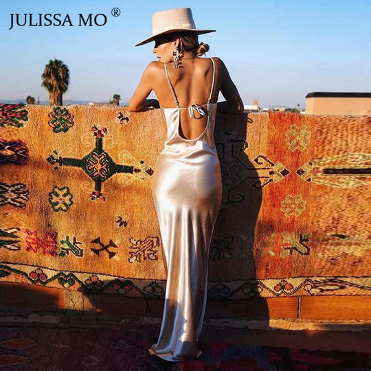 Julissa Mo Sexy Spaghetti Strap Backless Summer Dress Women Satin Lace