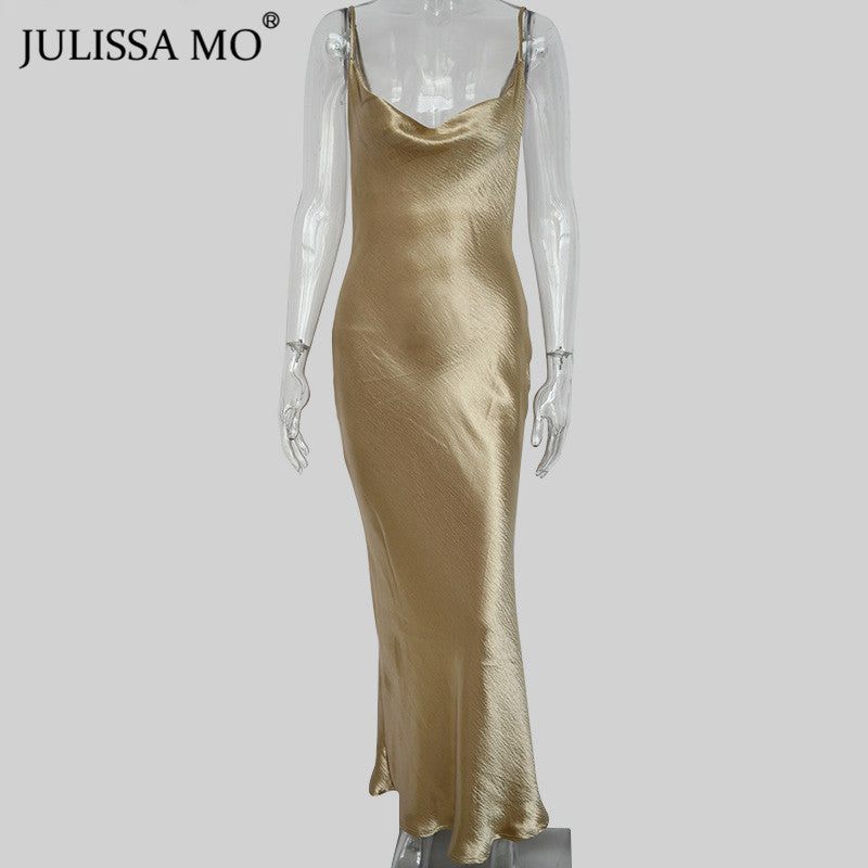 Julissa Mo Sexy Spaghetti Strap Backless Summer Dress Women Satin Lace