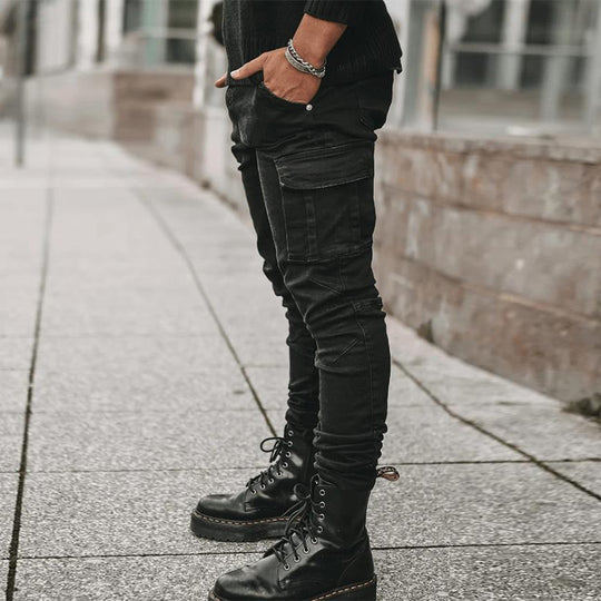 Jeans Men Pants Wash Solid Color Multi Pockets Denim Mid Waist Cargo