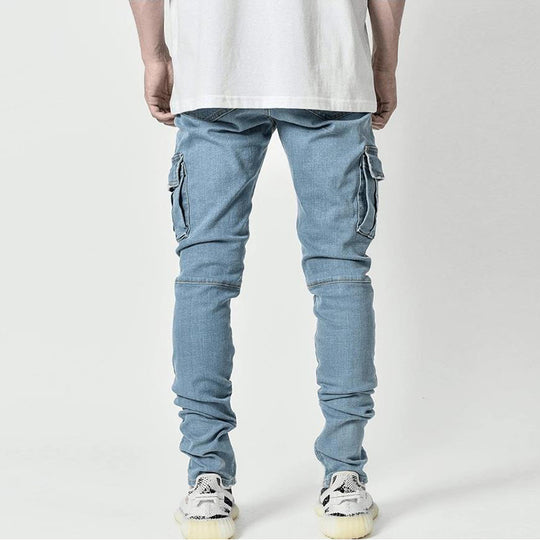Jeans Men Pants Wash Solid Color Multi Pockets Denim Mid Waist Cargo