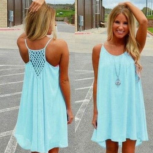 Loose Casual Summer Beach Dress Women Mini Sleeveless Spaghetti Strap