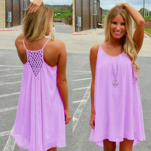 Loose Casual Summer Beach Dress Women Mini Sleeveless Spaghetti Strap