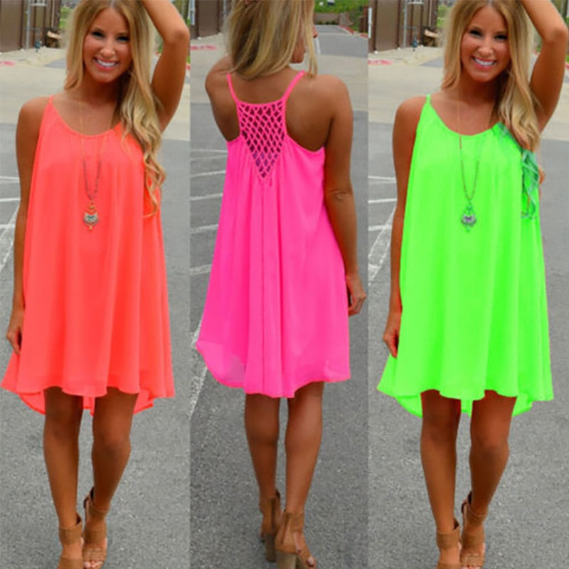 Loose Casual Summer Beach Dress Women Mini Sleeveless Spaghetti Strap