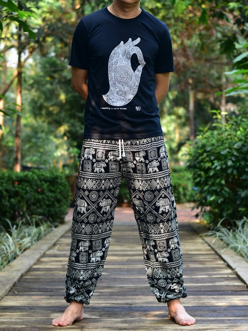 Bohotusk Mens Black Elephant Print Harem Pants Cord Tie Waist M/L to