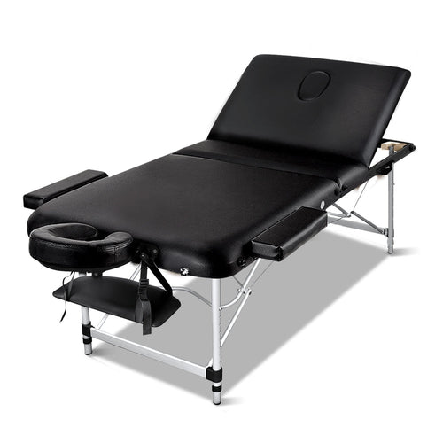 Zenith Massage Table 70cm Portable 3 Fold Aluminium Beauty Bed Black
