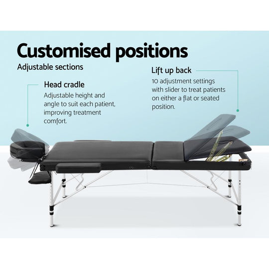 Zenith Massage Table 70cm Portable 3 Fold Aluminium Beauty Bed Black