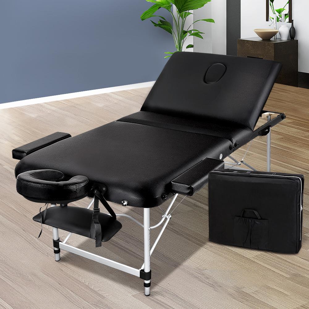 Zenith Massage Table 70cm Portable 3 Fold Aluminium Beauty Bed Black