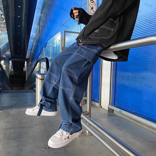 Men Jeans Wide Leg Denim Cargo Jean Pants Loose Straight Baggy Men's