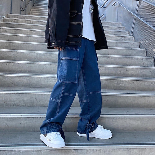 Men Jeans Wide Leg Denim Cargo Jean Pants Loose Straight Baggy Men's