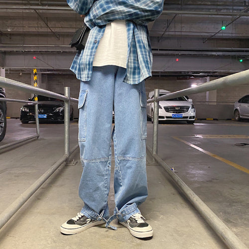 Men Jeans Wide Leg Denim Cargo Jean Pants Loose Straight Baggy Men's