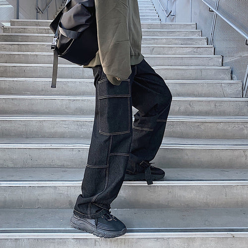 Men Jeans Wide Leg Denim Cargo Jean Pants Loose Straight Baggy Men's