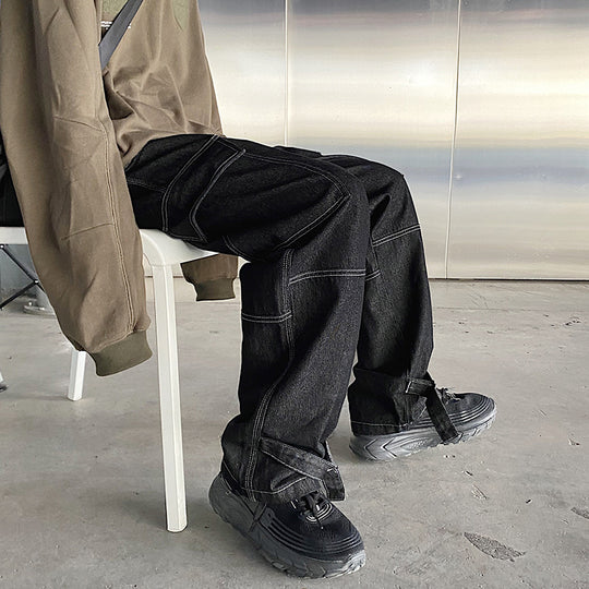 Men Jeans Wide Leg Denim Cargo Jean Pants Loose Straight Baggy Men's