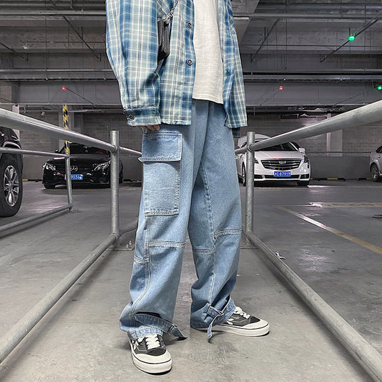 Men Jeans Wide Leg Denim Cargo Jean Pants Loose Straight Baggy Men's