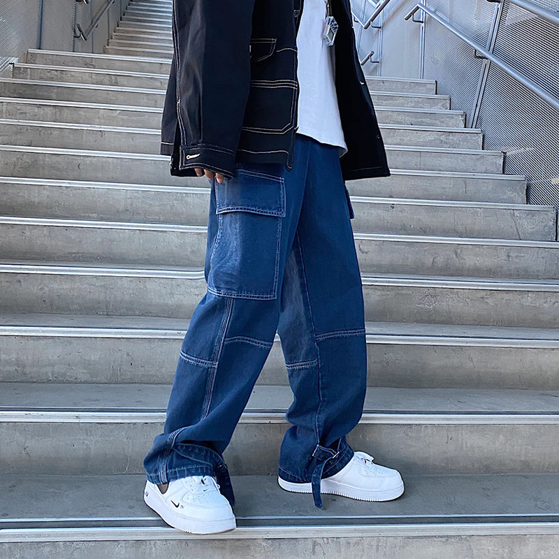 Men Jeans Wide Leg Denim Cargo Jean Pants Loose Straight Baggy Men's