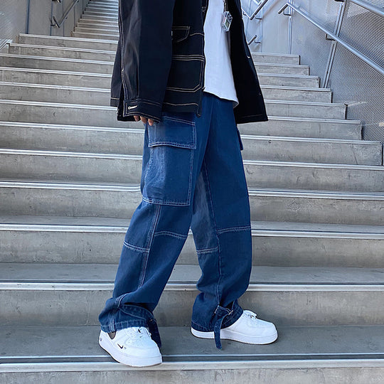 Men Jeans Wide Leg Denim Cargo Jean Pants Loose Straight Baggy Men's