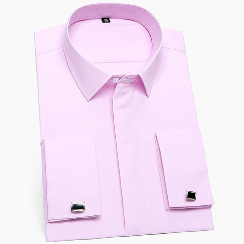 Men's Classic French Cuffs Solid Dress Shirt Covered Placket Formal