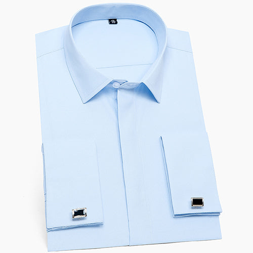 Men's Classic French Cuffs Solid Dress Shirt Covered Placket Formal