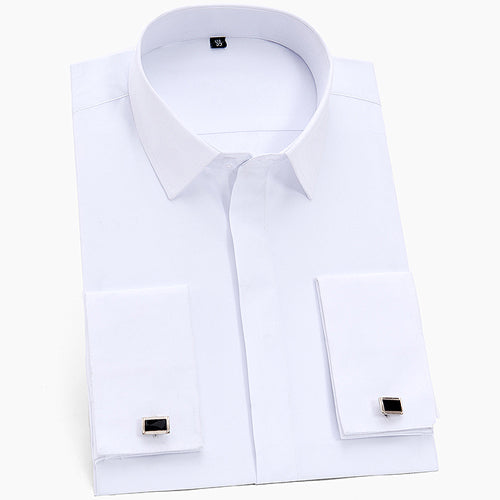 Men's Classic French Cuffs Solid Dress Shirt Covered Placket Formal