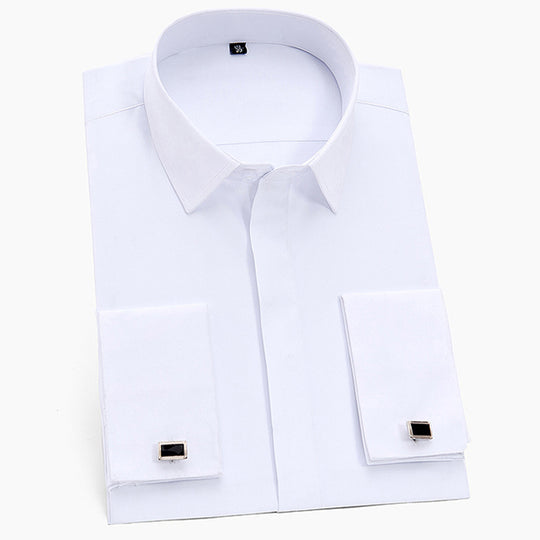 Men's Classic French Cuffs Solid Dress Shirt Covered Placket Formal