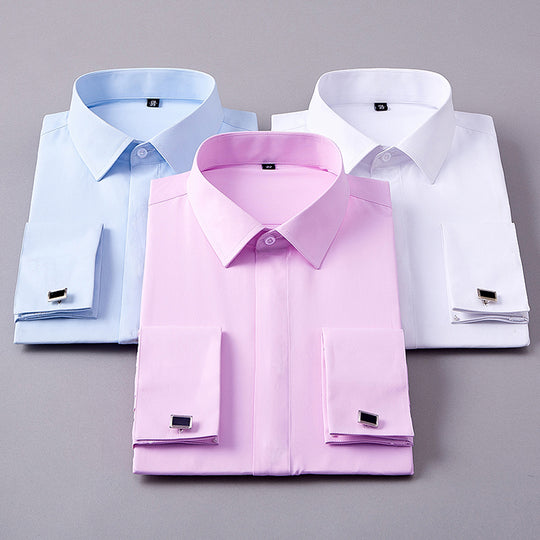 Men's Classic French Cuffs Solid Dress Shirt Covered Placket Formal