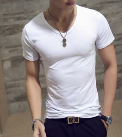 Men's White T Shirts V Neck TShirt Basic Plain Tees Short Sleeve Top